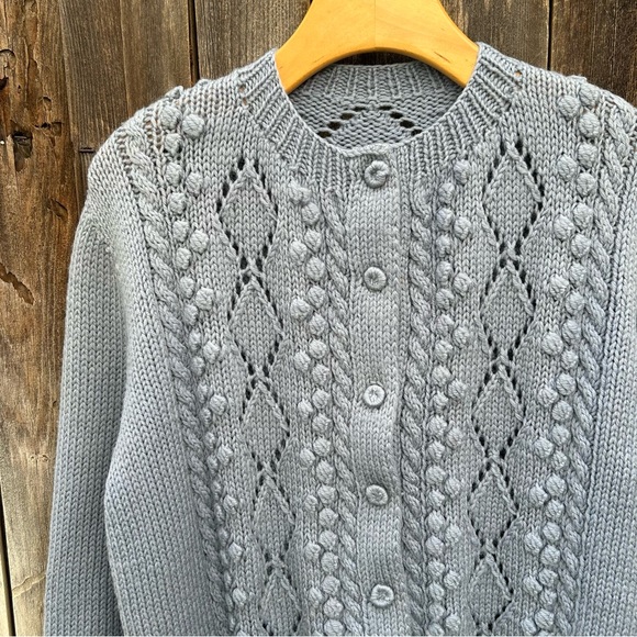 Vintage Handknit Fisherman Cardigan Light Blue - Picture 2 of 14